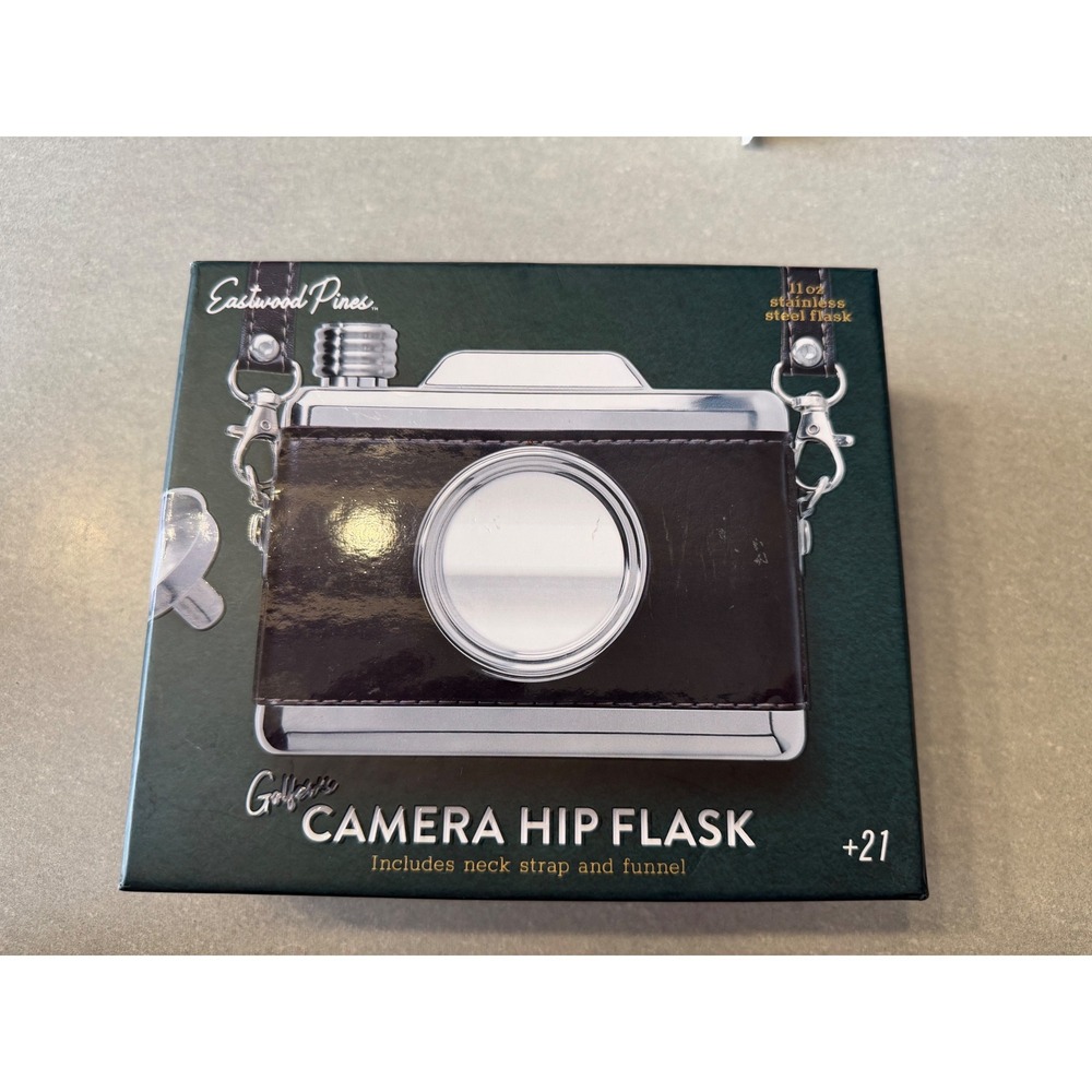 Eastwood Pines Camera Hip‎ Flask 11oz Stainless Steel Silver Black NIB Gift Set